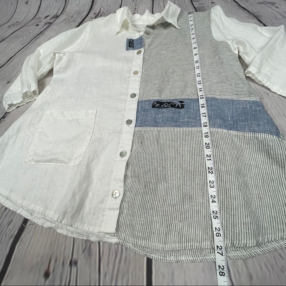 ODILE 100% linen button down white blue contrast shirt top, size S - Picture 12 of 13